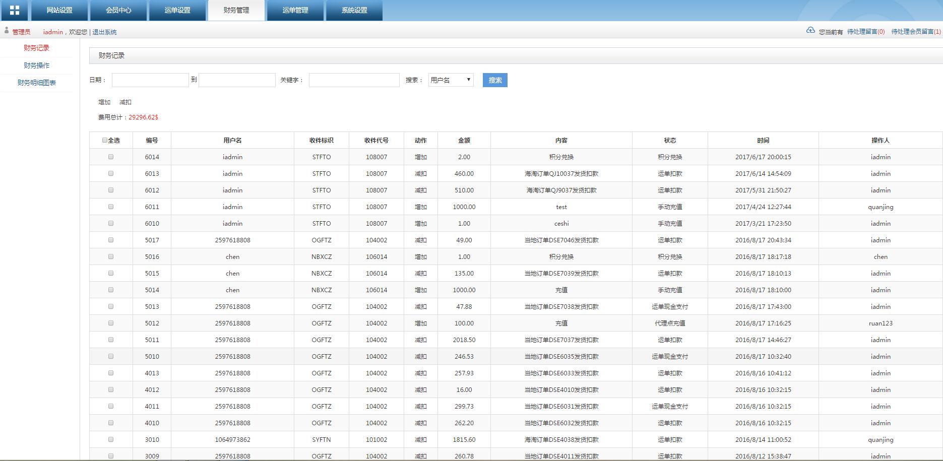 轉(zhuǎn)運系統(tǒng)后臺管理財務記錄管理界面